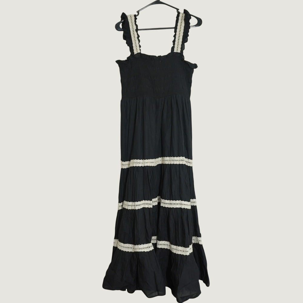 Speechless Size Large Maxi Dress Black Smocked Ruffle Tiered Crochet Cottagecore